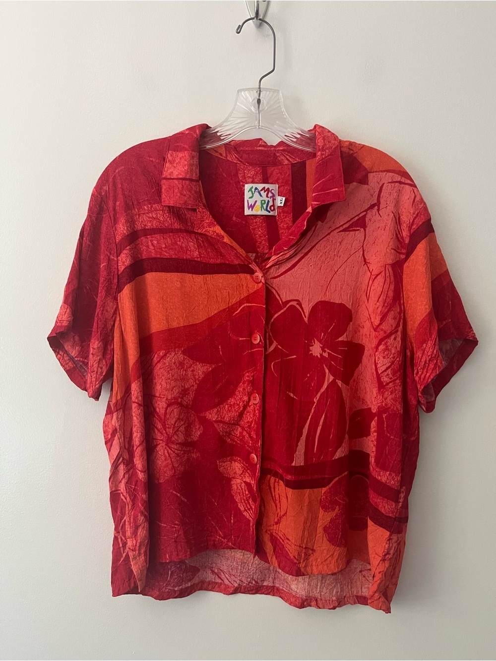 Jams World Hawaiian Floral Hibiscus Button Up Shirt Art To Wear XL Spice Flower